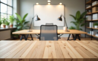 Minimal wooden surface in front of a bright open workspace with plants and books, Ready for creative or tech product showcase