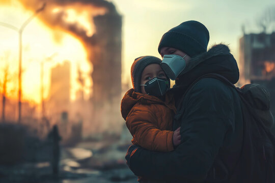 Parent shielding child from urban pollution with a face mask , concept of Environmental protection