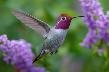 Fototapeta premium Hummingbird Flying Near Purple Flowers in Natural Setting