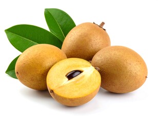 Four brown sapodilla fruits with green leaves against a white background one cut open showing seed