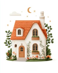 Charming White Cottage Illustration with Terracotta Roof Under Night Sky