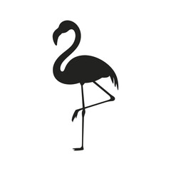 Simple and elegant black flamingo silhouette standing on one leg on a white background
