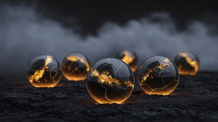Translucent orbs glowing with inner light on a dark surface.