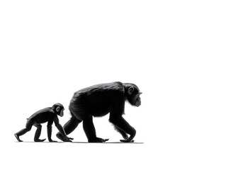 A mother chimpanzee and her baby walk side by side against a stark white background creating a powerful silhouette image.