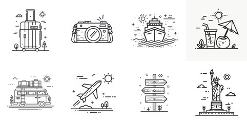 Fototapeta premium Travel Line Icons with Suitcase, Camera, Plane, and Cruise Ship in Minimal Vector Style perfect for tourism content and vacation promotions
