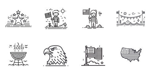 4th of July Celebration Line Icons with BBQ, Flag, and Fireworks in Minimal Vector Style perfect for holiday content and US-themed designs