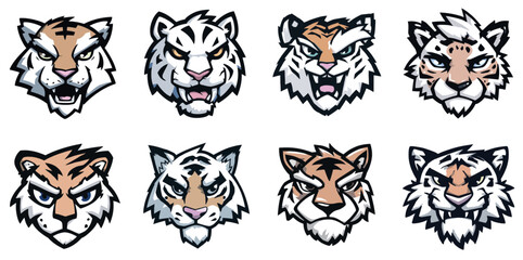 Tiger Mascot Head Logo Set with Striped Fur and Snarling Faces in Bold Vector Style ideal for jungle-themed esport teams and competitive branding