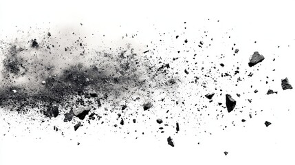 Dark matter explosion effect, pieces of broken material flying apart against a white background