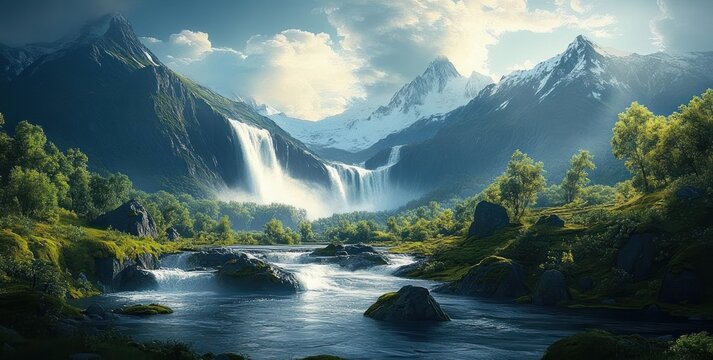 Serene landscape featuring a flowing river with rocks, lush green trees, cascading waterfalls, and towering snow-capped mountains under a partly cloudy sky - Powered by Adobe
