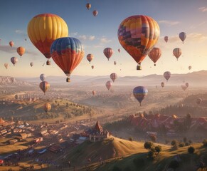 Obraz premium Colorful hot air balloons soaring over a festival landscape, bright, flying