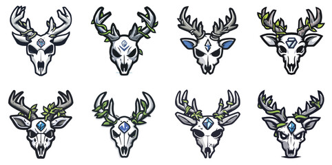 Obraz premium Deer Skull Mascot Head Logo Set with Large Antlers and Dark Tribal Aesthetic in Bold Vector Style ideal for metal bands, biker logos, and gothic brands
