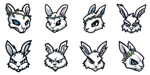 Rabbit Mascot Head Logo Set with Sharp Ears and Mischievous Eyes in Bold Vector Style ideal for playful esport identities and gaming avatars