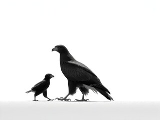 A majestic black eagle stands tall beside a small black crow on a stark white background creating a powerful monochrome image.