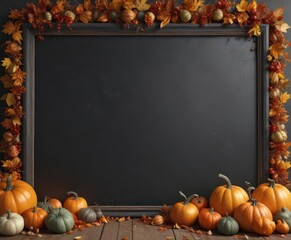 Rustic chalkboard frame overflowing with various sized pumpkins & gourds, autumn leaves scattered around ,  fall colors,  decoration,  nature