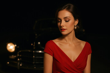 Elegant woman in red dress posing by vintage car under soft lighting