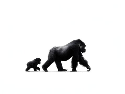 A mother gorilla and her baby walk side by side in a serene landscape against a bright white background creating a powerful image.