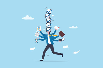 Productivity or efficiency, manage busy work to finish task or checklist, solving overworked and develop time management strategy, busy businessman holding work stuff with finishing checklist tasks.