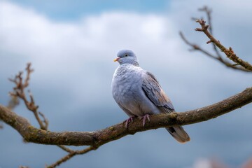 Dove Perched on a Tree Branch Against Cloudy Sky