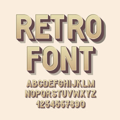 Retro Style Font. Bold Alphabet. Volumetric Old Letters and Numbers. 