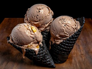 Fototapeta premium A Black Waffle Cone with a Charcoal Ice Cream, an Edgy, Modern Theme