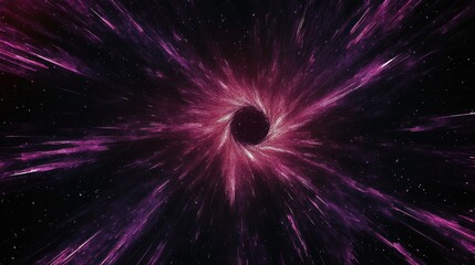 Dynamic purple and pink cosmic vortex with streaks of light radiating from a central black core in deep space