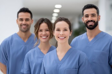 Fototapeta premium Smiling Team of Medical Professionals in Blue Scrubs