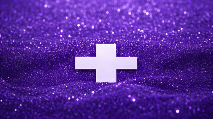 Fototapeta premium A white plus sign on a field of purple glitter creating a sparkling and textured background image view