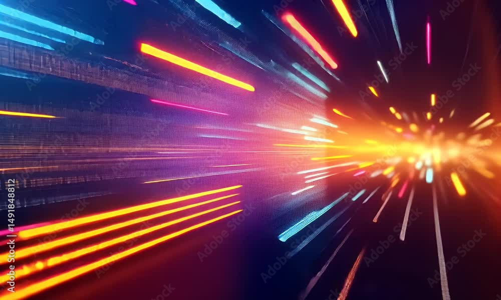 Poster high-speed light streaks in motion, creating an abstract background with vibrant colors and dynamic 