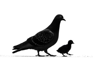 Obraz premium A majestic adult pigeon protectively guides its tiny chick along a pale surface in a striking black and white silhouette.