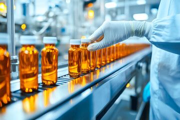 Fototapeta na wymiar Pharmacist scientist with sanitary gloves examining medical vials on production line conveyor belt in pharmaceutical healthcare factory manufacturing prescription drugs medication mass production