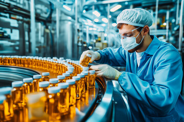 Pharmacist scientist with sanitary gloves examining medical vials on production line conveyor belt in pharmaceutical healthcare factory manufacturing prescription drugs medication mass production