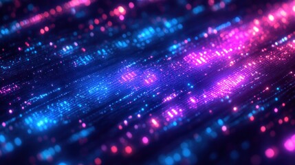 Abstract digital landscape of glowing pink and blue lights forming intricate patterns and lines on a dark background, evoking futuristic technology and data flow