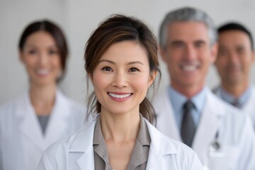 Fototapeta premium Smiling Woman Doctor with Medical Team in Background