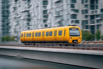 Yellow Train Moving Fast Through Urban Area