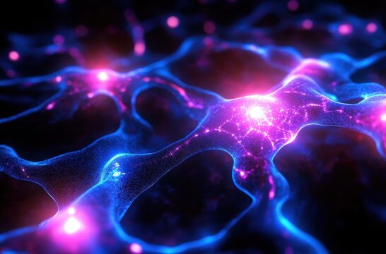 Glowing interconnected network of blue and pink neural-like cells with luminous nodes emitting light in a dark environment conveying energy and complexity