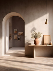 Mediterranean hallway with console table placed against textured plaster wall.