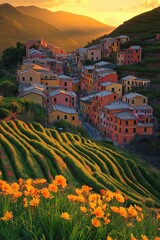 Manarola glowing at sunset over cultivated hills and flowers in cinque terre, italy