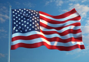 Obraz premium Bright and vivid flag with stars and stripes waving against a clear blue sky on a sunny day