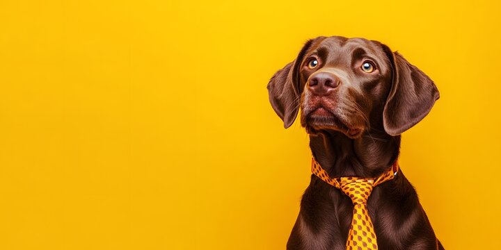 Chocolate dog with an orange tie against a bright background