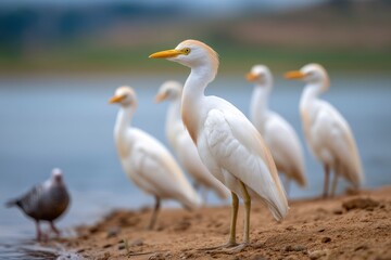 Obraz premium Group of White Herons Standing on Shoreline Near Water