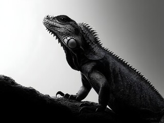 Fototapeta premium A majestic iguana perches on a dark rock gazing upward against a bright light showcasing detailed scales and texture in a dramatic black and white