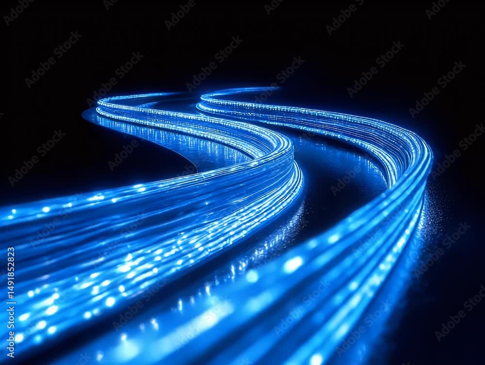 Poster a blue, glowing light path with digital data flowing along it, symbolizing the fast and smooth movem