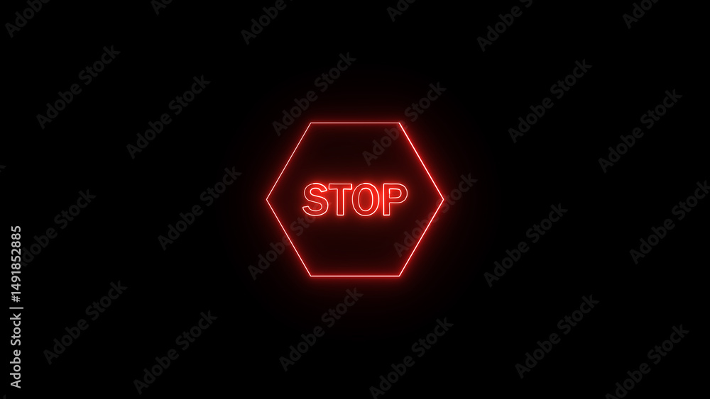 Poster illuminated neon stop sign in red glow against a black background representing warnings and caution 