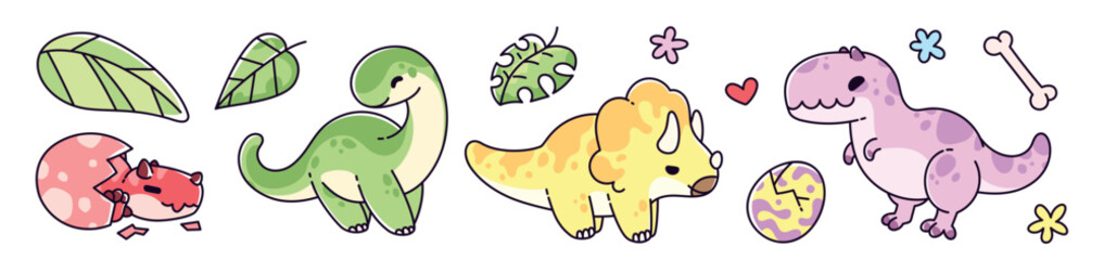 Cute baby dinosaur set. Adorable dino cartoon characters in colorful style - brontosaurus and triceratops, t-rex and triceratops. Playful prehistoric animal , funny kawaii mascots for kids designs.