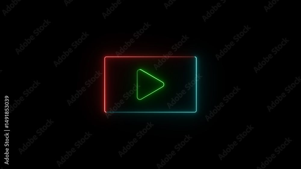 Poster neon play button sign glowing with red and blue edges on a solid black backdrop illuminating a centr
