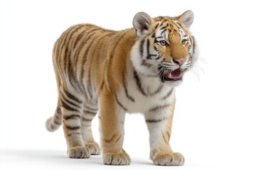 Obraz premium Tiger Cub Standing Alert on White Background