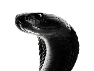 Fototapeta premium A detailed close-up of a black cobra's head and neck, subtly illuminated against a stark white background showcasing intricate scales and textures.