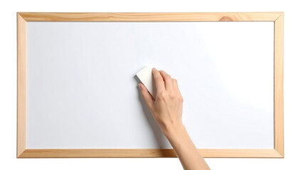 Obraz premium Hand cleaning white board with eraser inside a wooden frame isolated on white background