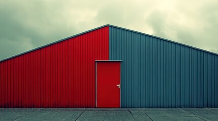 Red and blue corrugated metal building with a red door.