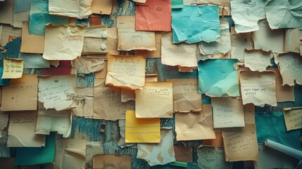 A cluttered bulletin board covered with various colored notes and handwritten messages and scraps of paper